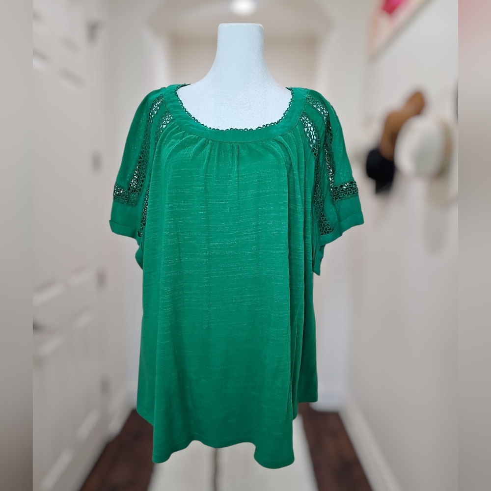 Emerald Green Boho Peasant Top with Crochet Sleeve Detail